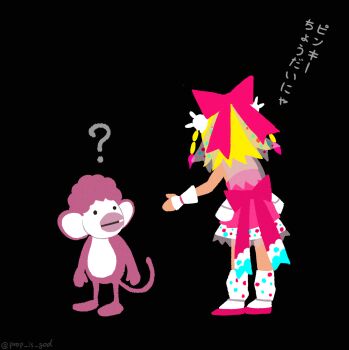 1girl ? back_bow beatmania_iidx bemani black_background blonde_hair boots bow braid commentary_request full_body hair_bow highres irasutoya monkey open_mouth pink_bow prop_is_god short_hair simple_background skirt solo translation_request twin_braids white_boots white_skirt xiatian_(beatmania)