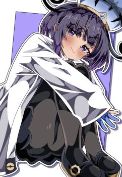 1girl black_dress black_hair black_pantyhose black_shoes blue_gloves blush bob_cut closed_mouth coat dress gloves gradient_hair gwynn_(pokemon) hat highres long_sleeves looking_at_viewer multicolored_hair nintendo open_clothes open_coat pantyhose partially_fingerless_gloves pokemon pokemon_legends:_z-a purple_eyes purple_hair shiki_(kisikisi1007) shoes short_hair simple_background sleeves_past_wrists smile solo white_coat