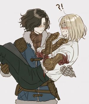 !? 2boys androgynous black_hair blonde_hair blood blood_on_clothes blue_coat blush brown_gloves carrying carrying_person closed_mouth coat commentary_request eye_contact fur-trimmed_coat fur_trim gloves guragamja highres korean_commentary lies_of_p lies_of_p:_overture looking_at_another loose_hair_strand male_focus mechanical_arms multiple_boys pinocchio_(lies_of_p) prosthesis prosthetic_arm romeo_(lies_of_p) shirt simple_background single_mechanical_arm sweatdrop wavy_hair wavy_mouth white_background white_shirt yaoi