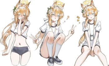 Rule 34 | 1girl, ?, animal ear fluff, animal ears, black shorts, blue archive, blue eyes, blush, breasts, cat ears, cat girl, clothes lift, collarbone, commentary request, covered mouth, cropped legs, double v, eyelashes, feet out of frame, flower, full body, gym shirt, gym shorts, gym uniform, hair between eyes, hair flower, hair ornament, hairband, halo, hand up, highres, leaf hair ornament, lifting own clothes, long hair, looking at viewer, low ponytail, lunifish, mari (blue archive), mari (track) (blue archive), medium breasts, multiple views, official alternate costume, open mouth, orange hair, ponytail, shirt, shirt lift, short sleeves, shorts, shy, sidelocks, simple background, sitting, v, white background, white flower, white hairband, white shirt, yellow halo