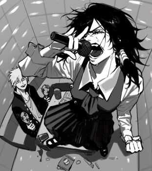 1boy 1girl absurdres chainsaw_man denji_(chainsaw_man) foreshortening gakuran greyscale highres holding holding_instrument holding_maracas indoors instrument karaoke long_hair ma0ma0_0 maracas microphone mifune_fumiko monochrome music school_uniform sharp_teeth short_hair singing spill sweat teeth