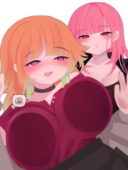 2girls alternate_costume blush breasts commentary couple earrings english_commentary feather_earrings feathers female_pervert highres hololive hololive_english jewelry large_breasts long_hair long_sleeves mori_calliope multicolored_hair multiple_girls open_mouth pervert pink_hair purple_eyes simple_background takanashi_kiara viqur virtual_youtuber white_background wife_and_wife yuri