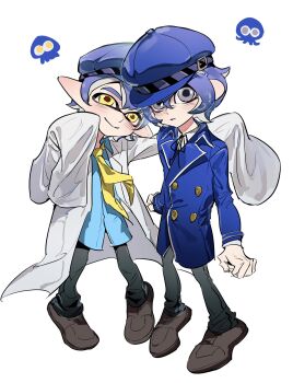 1girl 26duuuu alternate_species black_pants blue_hair blue_hat blue_jacket blue_shirt brown_shoes clenched_hands closed_mouth coat full_body grey_eyes hat highres jacket lab_coat long_sleeves multiple_views necktie nintendo pants persona persona_4 pigeon-toed pointy_ears shadow_naoto shirogane_naoto shirt shoes short_hair simple_background sleeves_past_fingers sleeves_past_wrists smile splatoon_(series) white_background white_coat yellow_eyes yellow_necktie