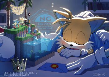 aogirinaru blanket blonde_hair blue_fur blue_hair blush cake child crown food fox gloves indoors knuckles_the_echidna letter sega sleeping sonic_(series) sonic_the_hedgehog sonic_the_hedgehog_(classic) sonic_the_hedgehog_2 tails_(sonic) yellow_fur