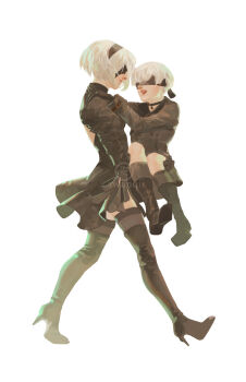 1boy 1girl 2b_(nier:automata) 9s_(nier:automata) awanqi black_boots black_dress black_gloves black_hairband boots carrying carrying_person covered_eyes dress gloves hairband highres long_sleeves nier:automata nier_(series) open_mouth princess_carry reverse_princess_carry smile white_hair