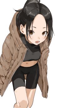 1girl absurdres bent_over bike_shorts black_hair black_shirt black_shorts breasts brown_eyes brown_jacket high_ponytail highres jacket leaning_forward long_hair looking_at_viewer lower_teeth_only manemane_nichinichi midriff nagisa_akane navel open_clothes open_jacket open_mouth ponytail shirt shorts simple_background small_breasts solo teeth thighs tongue white_background yamamoto_souichirou