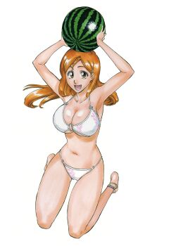 00s 1girl 2006 anklet bare_shoulders bikini bleach breasts brown_eyes collarbone female_focus food fruit hair_ornament hairclip happy holding holding_food holding_fruit holding_watermelon inoue_orihime jewelry kneeling kubo_tite large_breasts long_hair looking_at_viewer navel official_art orange_hair second-party_source shiny_skin simple_background snowflake_hair_ornament stomach swimsuit watermelon white_background