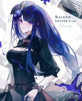 1girl absurdres alternate_costume blunt_bangs bow bowtie bracelet braid breasts center_opening character_name cleavage commentary dress earrings english_commentary eyeliner genshin_impact glint hair_ornament hat head_tilt highres jewelry large_breasts long_braid long_hair long_sleeves looking_at_viewer looking_to_the_side makeup mole mole_under_eye monocle parted_lips purple_eyes purple_hair raiden_shogun red_eyeliner ring scarlett_(artist) shade single_braid solo standing upper_body