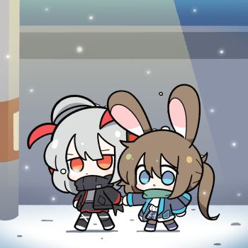 2girls :o air_bubble amiya_(arknights) animal_ears arknights black_jacket black_scarf black_skirt blue_jacket blue_skirt brown_hair bubble chibi commentary grey_hair grey_shirt highres holding_hands hood hooded_jacket horns jacket lamppost malrangdonut multiple_girls outdoors plaid_clothes plaid_skirt ponytail rabbit_ears scarf shirt short_hair skirt snow snowing w_(arknights) walking white_shirt