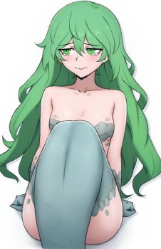 1girl absurdres averting_eyes blush closed_mouth commentary demon_(megami_tensei) edmonmondo english_commentary green_eyes green_hair highres long_hair looking_to_the_side mermaid mermaid_(megami_tensei) monster_girl shin_megami_tensei shin_megami_tensei_v simple_background solo tearing_up wavy_mouth white_background