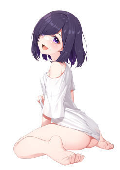 1girl :d ass barefoot black_hair blush bottomless breasts covered_erect_nipples dodome-iro_mayonnaise feet hair_over_one_eye highres indie_virtual_youtuber komurasaki_rin looking_at_viewer open_mouth purple_eyes shirt short_sleeves smile solo swept_bangs t-shirt thighs toes tongue virtual_youtuber white_shirt
