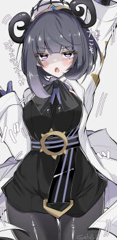 1girl :o arm_up artist_name belt belt_buckle black_dress black_pantyhose blunt_bangs bob_cut buckle coat commentary_request dress fire_low5996 gwynn_(pokemon) hat highres long_sleeves looking_at_viewer nintendo o-ring o-ring_belt open_clothes open_coat open_mouth pantyhose pokemon pokemon_legends:_z-a purple_eyes purple_hair solo translation_request white_coat