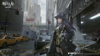 1girl 6+others ambulance animal_ears arknights ballistic_shield black_choker black_coat black_shorts breasts building car cat_ears cat_girl choker city cityscape closed_mouth coat copyright_name cowboy_shot day ears_down expressionless green_eyes grey_shirt headset highres implied_extra_ears jessica_(arknights) jessica_the_liberated_(arknights) large_breasts long_hair long_sleeves looking_at_viewer motor_vehicle multiple_others novelance official_alternate_costume official_art outdoors ponytail purple_hair shield shirt short_shorts shorts skyscraper solo standing taxi traffic_light