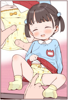 1girl abaji black_hair blue_shirt border bow bow_panties closed_eyes clothes_lift facing_viewer fingering fingering_through_clothes fingering_through_panties hair_bobbles hair_ornament inset_border kindergarten_uniform lifting_own_clothes loli long_sleeves multiple_views name_tag open_mouth original panties print_panties red_skirt shirt short_hair short_twintails sitting skirt skirt_lift smile smock socks spread_legs star_(symbol) star_print_panties star_print through_clothes twintails underwear variant_set white_border yellow_panties