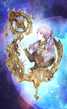 1girl blue_capelet capelet card closed_mouth copyright_name earrings final_fantasy final_fantasy_xiv fringe-trimmed_capelet fringe_trim gold_trim hyur jewelry leveva_byrde light_frown long_hair long_sleeves purple_eyes purple_hair ruka_(blueplus84) solo twintails twitter_username