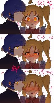 04rerec 2girls ahoge black_shirt blonde_hair blue_eyes blue_hair blush bocchi_the_rock! bow bowtie closed_eyes commentary_request ear_blush ear_licking highres ijichi_nijika licking long_hair multiple_girls no_eyes orange_eyes red_bow red_bowtie shirt short_hair side_ponytail simple_background sweat white_background yamada_ryo yuri