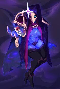 1boy 1girl artist_name astronaut blue_eyes breasts claws commission costume dark_star_jhin helmet highres hood hood_up jhin league_of_legends looking_at_another pacha_(pachastuff) shiny_skin smile smiley_face space_helmet star_(symbol) teemo thighhighs