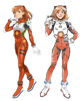 Rule 34 | 1girl, adapted costume, alternate costume, bodysuit, commentary, english commentary, hand on own hip, highres, interface headset (evangelion), long hair, looking at viewer, looking to the side, mecha pilot suit, multiple views, neon genesis evangelion, red bodysuit, red hair, simple background, smile, souryuu asuka langley, standing, sweepswoop, white background