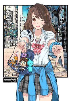 1girl alternate_costume angelo_(ff8) bag bead_bracelet beads blue_sweater blush border bow bowtie bracelet breasts brown_eyes brown_hair character_doll character_pin clothes_around_waist collared_shirt cowboy_shot doll double_v final_fantasy final_fantasy_viii fingernails grey_skirt highres jewelry long_fingernails long_hair medium_breasts moogle moomba multicolored_hair nail_polish necklace one_eye_closed open_mouth pink_bow pink_nails plaid_clothes plaid_skirt pleated_skirt pupu_(ff8) quichi_91 red_bow red_bowtie ring ring_necklace rinoa_heartilly school_uniform scrunchie shirt shoulder_bag skirt smile solo squall_leonhart streaked_hair striped_bow striped_bowtie striped_clothes sweater sweater_around_waist v white_border white_shirt wrist_scrunchie