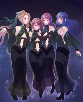 bare_shoulders blonde_hair blue_hair boots breasts corruption dress elice_(fire_emblem) female_focus fingerless_gloves fire_emblem fire_emblem:_mystery_of_the_emblem gloves glowing glowing_eyes happy_trance highres large_breasts lena_(fire_emblem) long_hair maria_(fire_emblem) navel nintendo nyna_(fire_emblem) opera_gloves red_eyes red_hair riou_(pooh920) see-through_clothes short_hair sideboob smile thigh_boots underboob