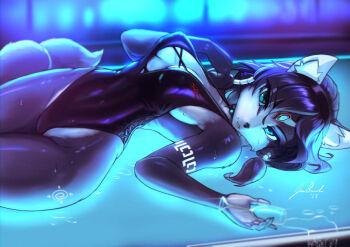 1girl animal_ears blue_hair breasts cleavage crystal female_focus fox fox_ears fox_girl fox_tail furry furry_female jecbrush jewelry krystal large_breasts lying nintendo one-piece_swimsuit star_fox swimsuit tail tattoo two-tone_fur