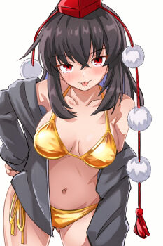 Rule 34 | 1girl, :p, absurdres, alternate costume, bikini, blush, breasts, brown hair, collarbone, colored inner hair, commentary request, gluteal fold, gold bikini, grey hoodie, hair between eyes, hat, highres, hood, hoodie, leaning forward, long hair, medium breasts, missing wings, multicolored hair, navel, open clothes, open hoodie, pom pom (clothes), purple hair, red eyes, red hat, shameimaru aya, side-tie bikini bottom, simple background, solo, stomach, swimsuit, tokin hat, tongue, tongue out, touhou, white background, yuuka (a0240765)