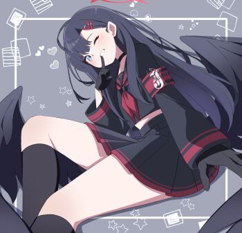 1girl black_choker black_gloves black_hair black_sailor_collar black_serafuku black_shirt black_skirt black_socks black_wings blue_archive choker commentary_request feathered_wings gloves hair_ornament hairclip halo highres ichika_(blue_archive) kneehighs long_hair long_sleeves looking_at_viewer low_wings midriff_peek neckerchief one_eye_closed pleated_skirt red_halo red_neckerchief sailor_collar sasanoha_(sasanoha0712) school_uniform serafuku shirt sitting skirt smile socks solo wings