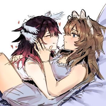 2girls absurdres bare_arms between_legs black_hair blue_eyes blush brown_hair closed_eyes closed_mouth columbina_(genshin_impact) commentary cuddling doll_joints english_commentary feathered_wings genshin_impact heart highres itsmetukek joints long_hair maid_headdress multiple_girls pink_streaks sandrone_(genshin_impact) smile wings yuri