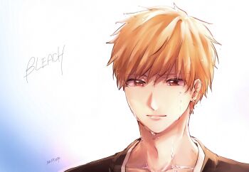 1046sstep_btoh 1boy bleach collarbone commentary_request copyright_name crying gradient_background kurosaki_ichigo light_smile lips male_focus orange_eyes orange_hair portrait signature solo streaming_tears tears