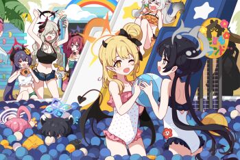 >_< >_o 6+girls ahoge animal_ear_fluff animal_ears arms_up bag ball ball_pit bare_shoulders beachball bikini black_bikini black_hair blank_eyes blonde_hair blue_archive bow braid breasts camera chiaki_(blue_archive) cleavage commentary_request cup demon_tail double_bun drinking fang flat_chest flower frilled_bikini frills grey_eyes grey_hair hair_bobbles hair_bow hair_bun hair_flower hair_ornament hair_over_one_eye halo highres holding holding_ball holding_beachball holding_camera holding_cup horns hoshino_(blue_archive) ibuki_(blue_archive) ideolo iroha_(blue_archive) jitome kai_(blue_archive) kisaki_(blue_archive) kokona_(blue_archive) large_breasts low_twintails low_wings makoto_(blue_archive) micro_shorts mina_(blue_archive) multiple_girls navel one-piece_swimsuit one_eye_closed open_mouth orange_bikini pink_hair pointy_ears rainbow red_hair satsuki_(blue_archive) shirt shorts shun_(blue_archive) side_ponytail sideways_mouth skin_fang slide small_breasts standing star_(symbol) swimsuit tail tree twin_braids twintails white_one-piece_swimsuit white_shirt wings yellow_eyes