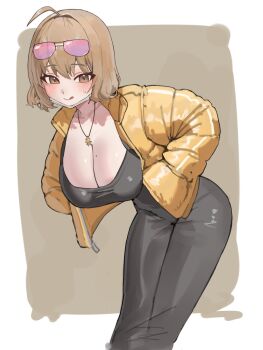 1girl 570_ml ahoge alternate_costume anis_(nikke) bent_over blush breasts brown_background brown_eyes brown_hair cleavage closed_mouth commentary dongtan_dress dress eyewear_on_head feet_out_of_frame goddess_of_victory:_nikke grey_dress hair_intakes hands_in_pockets hashtag-only_commentary highres jacket jewelry large_breasts leaning_forward licking_lips looking_at_viewer mole mole_on_breast mole_under_eye necklace open_clothes open_jacket padded_jacket pink-tinted_eyewear short_hair simple_background smile solo standing star_(symbol) star_necklace sunglasses sweatdrop tinted_eyewear tongue tongue_out yellow_jacket