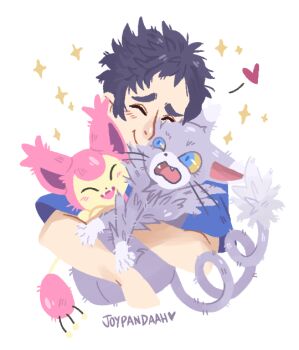 Rule 34 | 1boy, animal, artist name, black hair, blue eyes, blush, cat, closed mouth, colored sclera, commentary, crossover, dot nose, english commentary, fan request, fangs, gen 3 pokemon, gen 4 pokemon, glameow, heart, holding, holding animal, holding cat, holding pokemon, joypandaah, kyokugen dasshutsu, kyokugen dasshutsu adv: zennin shibou desu, male focus, nintendo, open mouth, pokemon, pokemon (creature), short hair, sigma (kyokugen dasshutsu), simple background, skitty, smile, sparkle, spoken heart, thick eyebrows, tumblr ask, white background, yellow sclera