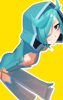 1girl absurdres anemo_nemo aqua_boots aqua_dress aqua_gloves aqua_hair bare_shoulders blush boots commentary dress elbow_gloves english_commentary gloves grin hair_over_one_eye hakhpu highres hood hood_up hooded_dress leaning_forward leberblume looking_at_viewer mahou_shoujo_ni_akogarete outline pelvic_curtain purple_eyes sharp_teeth shoulder_tattoo sideless_dress sideless_outfit simple_background smile solo tattoo teeth thigh_boots white_outline yellow_background