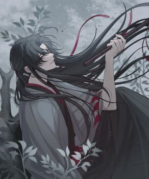 Rule 34 | 1boy, absurdres, bishounen, black hair, black hanfu, branch, chenqing flute, chinese clothes, cloud, coat, commentary request, dizi, floating hair, flower, flute, flute tassel, from side, grey coat, hair down, hair ribbon, half updo, hanfu, heo com, highres, holding, holding flute, holding instrument, in tree, instrument, korean commentary, leaf, long hair, long sleeves, looking at viewer, male focus, modao zushi, official alternate costume, official alternate hairstyle, open clothes, open coat, outdoors, parted bangs, parted lips, red eyes, red ribbon, red sash, ribbon, robe, sash, sitting, sitting in tree, sky, smile, solo, tassel, transverse flute, tree, twitter username, very long hair, wei wuxian, wei wuxian (yiling laozu), wide sleeves, wind
