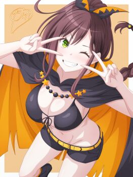 1girl absurdres arms_up belt bikini bikini_top_only black_bikini black_boots black_cape black_ribbon black_shorts blush boots breasts brown_hair cape cleavage commentary double_v extra_pupils fang front-tie_bikini_top front-tie_top green_eyes grin groin hair_between_eyes hair_ribbon high_ponytail highres knee_boots large_breasts long_hair looking_at_viewer multi-tied_hair navel orange_belt orange_cape otozato_yomi ponytail re:zero_kara_hajimeru_isekai_seikatsu ribbon shaula_(re:zero) short_shorts shorts sidelocks signature smile solo standing standing_on_one_leg star_(symbol) stomach swimsuit teeth two-tone_cape v