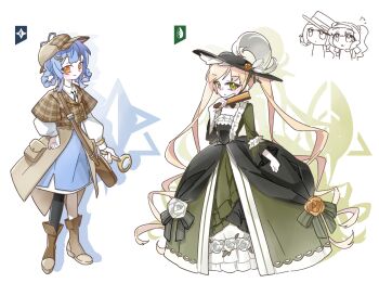 Rule 34 | 4girls, adapted costume, alternate costume, blonde hair, blue hair, blue skirt, boots, braid, braided hair rings, brown boots, character request, check character, chibi, chibi inset, chinese commentary, closed mouth, commentary request, commission, detective, dress, full body, green dress, green hat, hair rings, hand fan, hand on own hip, hand up, hat, hat feather, highres, holding, holding fan, holding magnifying glass, long dress, long hair, long sleeves, looking at viewer, magnifying glass, mahou shoujo no majo saiban, matilda bouanich, multiple girls, reverse:1999, shilizi, short hair, skirt, smile, sonetto (reverse:1999), standing, tachibana sherry, tono hanna, twintails, very long hair, white background, yellow eyes