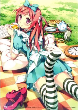 1girl absurdres alice's_adventures_in_wonderland alice_(alice_in_wonderland) alice_(alice_in_wonderland)_(cosplay) bow brown_eyes checkered_floor clock cookie cosplay cup dress food hair_bow highres kantoku kurumi_(kantoku) lying mary_janes non-web_source on_stomach original plate pocket_watch purple_eyes red_shoes scan shoes solo spoon striped_clothes striped_thighhighs tea_set teacup teapot the_pose thighhighs tray unworn_shoes watch