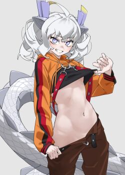 1girl ahoge animal_ears belt black_belt black_shirt blonde_hair breasts brown_pants clothes_lift clothes_pull commentary cropped_hoodie dragon_ears dragon_girl dragon_horns dragon_tail drawstring extra_ears flashing grey_background grin groin hair_between_eyes hand_up highres hood hood_down hoodie horns kemono_friends kemono_friends_3 legs_apart lifting_own_clothes long_sleeves looking_at_viewer multicolored_hair multicolored_horns navel no_bra no_panties open_belt open_clothes open_fly open_pants orange_hoodie outstretched_arm paid_reward_available pants pants_pull parted_bangs petite pulling_own_clothes purple_eyes purple_horns shirt shirt_lift simple_background sleeves_past_wrists slit_pupils small_breasts smile solo standing tail tanabe_(fueisei) thighhighs torso_flash two-tone_hair underboob very_long_tail white_dragon_(kemono_friends) white_hair yellow_horns