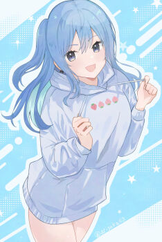 1girl alternate_costume arisaka_luna blue_eyes blue_hair grey_hoodie highres holding holding_string hololive hood hoodie hoshimachi_suisei looking_at_viewer medium_hair one_side_up open_mouth sidelocks smile solo star_(symbol) star_in_eye string symbol_in_eye virtual_youtuber