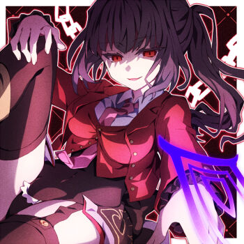 1girl belphegor_(umineko) black_hair black_thighhighs breasts chain commentary_request frills garter_straps jacket large_breasts long_hair looking_at_viewer magic necktie partially_shaded_face pink_necktie ponytail red_eyes red_jacket red_vest shirt showgirl_skirt side_ponytail smile solo stakes_of_purgatory sword thighhighs umibenokurage umineko_no_naku_koro_ni vest weapon white_shirt
