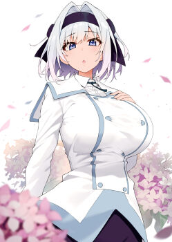 1girl absurdres black_hairband blue_eyes blush breasts character_request cleaned collared_shirt colorized cover cover_page dot_nose female_focus flower grey_hair hairband hand_on_own_chest highres huge_breasts long_sleeves looking_at_viewer manga_illustration manga_page medium_hair official_art open_mouth paula_medis pink_flower s-rank_boukensha_de_aru_ore_no_musume_tachi_wa_juudo_no_fathercon_deshita sailor_collar school_uniform serafuku sexually_suggestive shirt solo solo_focus syunichi textless_version white_sailor_collar white_serafuku white_shirt