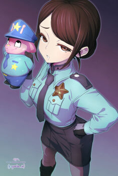 1girl boots breasts brown_eyes brown_hair collared_shirt cowboy_shot from_above gloves gradient_background hair_bun hand_on_own_hip kanzaki_ryouko long_sleeves looking_at_viewer medium_hair milky_galactic_universe milky_subway milky_☆_subway:_the_galactic_limited_express necktie open_mouth pantyhose pencil_skirt police police_uniform policewoman shirt sidelocks skirt small_breasts solo stuffed_animal stuffed_rabbit stuffed_toy swept_bangs thigh_boots uganda_(ugandam_00)