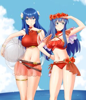 2girls alternate_costume ball beachball bikini blue_eyes blue_hair breasts caeda_(fire_emblem) caeda_(summer)_(fire_emblem) cleavage female_focus fire_emblem fire_emblem:_mystery_of_the_emblem fire_emblem:_the_binding_blade fire_emblem_heroes flower_wreath highres lilina_(fire_emblem) lilina_(summer)_(fire_emblem) matching_hair/eyes midriff multiple_girls navel nintendo official_alternate_costume red_bikini redkite333 swimsuit thighs trait_connection