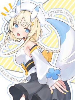 1girl back_bow bare_shoulders black_skirt blonde_hair blue_bow blue_eyes blue_horns blue_tail blush bow braid breasts cowboy_shot detached_sleeves diagonal-striped_background fang from_side hair_ornament hakama hakama_skirt hashtag-only_commentary hat headset highres horns japanese_clothes kadou_mikaru kimono large_breasts lightning_bolt lightning_bolt_hair_ornament lightning_bolt_symbol long_sleeves looking_at_viewer low_twin_braids miniskirt mohe53633218890 multicolored_horns nail_polish nijisanji no_jacket notice_lines obi obi_bow obijime open_mouth pom_pom_(clothes) pom_pom_hair_ornament puffy_long_sleeves puffy_sleeves sash sidelocks skirt solo striped_background tail_raised teruterubouzu twin_braids two-tone_horns two-tone_tail virtual_youtuber white_bow white_hat white_horns white_kimono white_tail x_hair_ornament yellow_bow yellow_nails