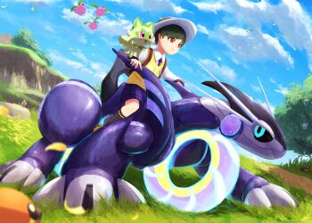 aqua_eyes black_sclera black_socks blue_sky brown_shoes closed_mouth collared_shirt colored_sclera commentary_request day ewokakukaede fletchling gen_2_pokemon gen_6_pokemon grass green_hair grey_hat hat highres hoppip lechonk long_sleeves miraidon necktie nintendo non-humanoid_robot open_mouth outdoors petals pink_eyes pixel_eyes pokemon pokemon_(creature) pokemon_sv purple_necktie purple_shorts red_eyes robot rock scatterbug school_uniform shirt shoes short_hair shorts signature sky smile socks sprigatito tarountula tree uva_academy_school_uniform very_short_hair vest white_shirt yellow_vest