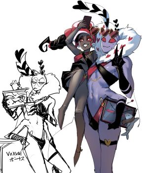 1girl 2boys :d abs arm_up bald bare_arms bare_legs bare_shoulders barefoot bikini black_bikini black_feathers black_gloves black_hair black_lips braid braided_ponytail breasts brown-tinted_eyewear bulge carrying carrying_person closed_mouth colored_sclera colored_skin colored_tips commentary_request criss-cross_halter crossdressing crossdressing_(mtf) cup cutout_eyelashes dark-skinned_female dark_skin doll_joints doodle_inset drinking_glass earrings echigoya_takeru elbow_gloves extra_arms eyeshadow eyewear_on_head feathers feet_out_of_frame fish frown full_body fur_hood gloves hair_ornament hair_scrunchie halterneck hand_up hazbin_hotel heart heart-shaped_eyewear heart_print height_difference hellaverse highres holding holding_cup holding_phone holding_television hood hood_down jewelry joints knee_up linea_alba looking_at_phone looking_up makeup multicolored_bikini multicolored_hair multiple_boys navel navel_piercing no_nose open_mouth pairing_name petite phone piercing purple_skin red_bikini red_eyeshadow red_hair red_sclera red_scrunchie scrunchie selfie simple_background single_braid sketch_inset skull_earrings small_breasts smile stomach streaked_hair sunglasses sweat swimsuit tall_male television textless_version thigh_strap tinted_eyewear translation_request two-tone_bikini two-tone_feathers v v-shaped_eyebrows valentino_(hazbin_hotel) velvette_(hazbin_hotel) vox_(hazbin_hotel) white_background white_eyes white_feathers white_hood white_streaks yellow-framed_eyewear