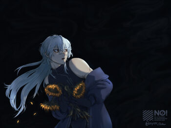 1boy :o a_date_with_death aegyo_sal black_shirt casper_(a_date_with_death) ccyillti commentary_request cowboy_shot crossed_bangs floating_hair flower grey_jacket hair_between_eyes highres holding holding_flower jacket jacket_partially_removed jellyfish_cut leaning_forward looking_to_the_side male_focus red_eyes shirt sidelighting sleeveless sleeveless_shirt smile solo sunflower tears turtleneck white_hair