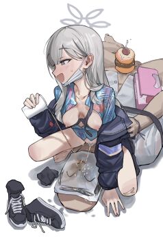 1boy 1girl armband black_necktie blue_archive blue_shirt bottomless breasts breasts_out cup donut doodle_sensei_(blue_archive) erection floral_print_shirt food girl_on_top golden_shower grey_eyes grey_hair grey_halo grey_jacket halo hawaiian_shirt highres holding holding_cup jacket konoka_(blue_archive) long_hair looking_to_the_side lying mask mask_pull mouth_mask necktie nipples no_panties on_back open_clothes open_jacket pee peeing pouring_onto_another purple_armband sawkm sensei_(blue_archive) shirt shoes surgical_mask unworn_shoes white_background white_mask