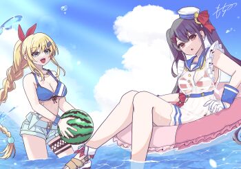 2girls :d :o anchor_print ball bare_arms bare_shoulders beachball belt bikini bikini_top_only bikini_under_clothes black_hair blonde_hair blue_bikini blue_eyes blue_sailor_collar blue_shorts blue_sky blush bow braid braided_ponytail breasts brown_eyes cleavage cloud cloudy_sky collarbone day denim denim_shorts dress fang food frilled_dress frills front-tie_bikini_top front-tie_top fruit gloves green_eyes hair_between_eyes hair_ornament hair_ribbon hairclip hat hat_ribbon heaven_burns_red highres holding holding_ball holding_beachball holding_food holding_fruit holding_swim_ring innertube jewelry kanzaki_adelheid knees_up large_breasts long_hair looking_at_viewer medium_breasts military_hat multi-tied_hair multiple_girls navel neckerchief necklace ocean open_clothes open_fly open_mouth open_shorts outdoors partially_submerged pleated_dress ponytail red_bikini red_eyes red_ribbon ribbon sailor sailor_collar sailor_dress sailor_hat sandals satsuki_mari see-through_clothes see-through_shirt shirt short_dress short_shorts shorts sidelocks single_braid siromochino sitting sky sleeveless sleeveless_dress smile standing striped_bikini striped_clothes sunlight swim_ring swimsuit teeth thigh_strap twintails upper_teeth_only very_long_hair wading water water_drop watermelon_beachball wet wet_clothes wet_dress white_dress white_gloves wrist_cuffs