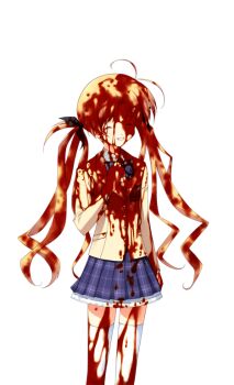 1girl antenna_hair black_bow blazer blonde_hair blood blood_in_hair blood_on_clothes blood_on_face blood_on_hands blood_on_leg blood_splatter bow bowtie breasts brown_jacket chaos;head closed_eyes collared_shirt dress_shirt facing_viewer game_cg grin hair_bow hand_on_own_chest jacket matsuo_yukihiro miniskirt non-web_source official_art orihara_kozue petticoat plaid_bow plaid_bowtie plaid_clothes plaid_skirt purple_bow purple_bowtie school_uniform science_adventure shirt skirt small_breasts smile solo sprite suimei_academy_school_uniform thighhighs transparent_background twintails white_shirt white_thighhighs winter_uniform zettai_ryouiki